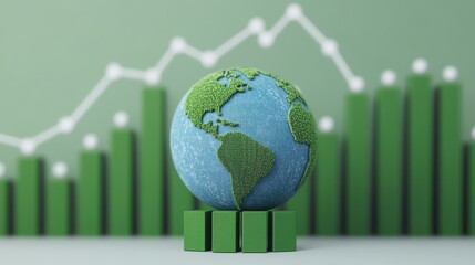 A small globe sits atop green bars, with a graph line and bar chart in the background, symbolizing global statistics and environmental data.