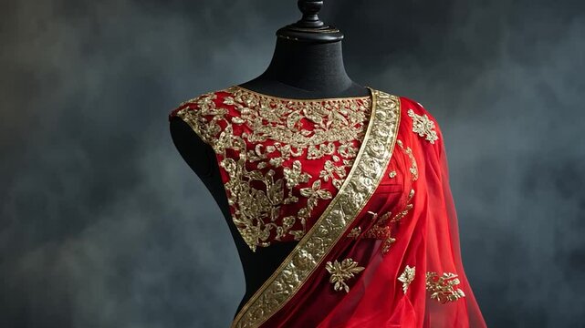 Red embroidered saree on a mannequin