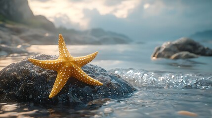 A starfish clings to a rock in the shallow wave washed waters