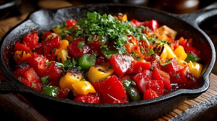 the main subject is a cast iron skillet filled with a colorful array of vegetables