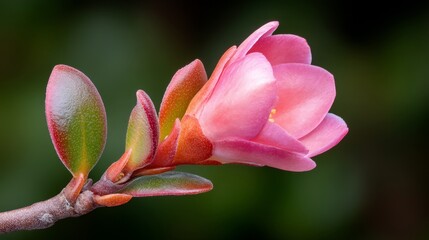 Fototapeta premium Delicate Pink Flower Blooming with Water Droplets on a Blurred Background
