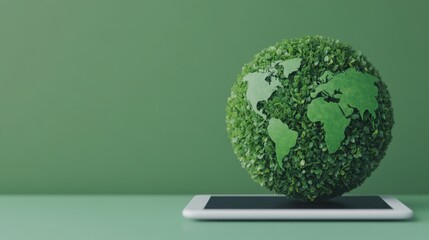 A green globe made of leaves rests on a tablet, symbolizing eco-friendly technology and environmental sustainability.