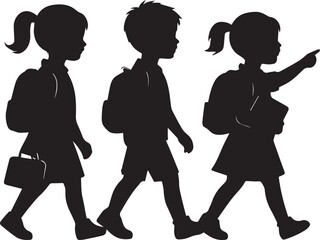 Silhouette illustration of three children walking to school with backpacks and briefcase
