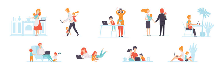 Parents Working with Their Children While Their Playing Next to Them Vector Set