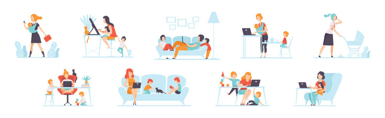 Parents Working with Their Children While Their Playing Next to Them Vector Set