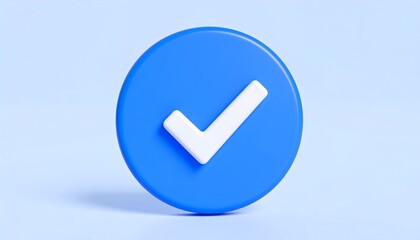 Blue circle button with white check mark, 3D icon design, cartoon plastic look.