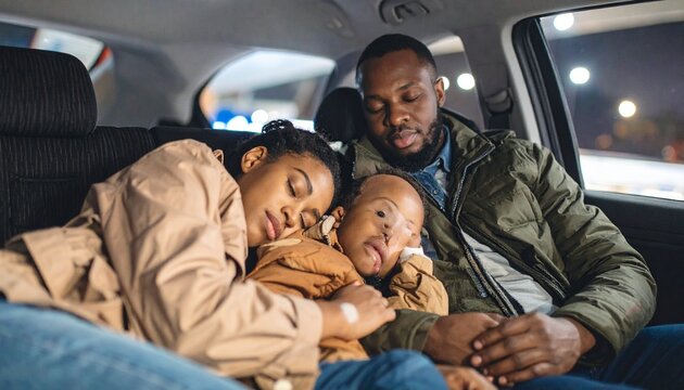 A family sleeps peacefully in their car during a road trip stop at a gas station. The dim overhead light creates a quiet, intimate moment of rest and travel on a long journey.

