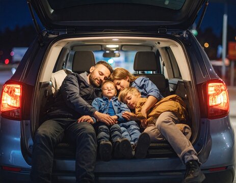 A family sleeps peacefully in their car during a road trip stop at a gas station. The dim overhead light creates a quiet, intimate moment of rest and travel on a long journey.

