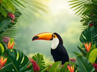Fototapeta premium a vibrant tropical scene with a large toucan perched prominently in the center of the frame