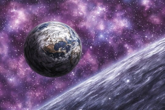 Earth-like planet dominates a cosmic scene, a crescent moon-like body curves at the bottom, set against a vibrant purple nebula speckled with distant stars