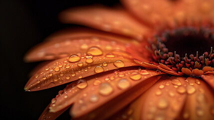 Single orange flower with morning dew, soft backlight. Nature's delicate beauty in a drop.

