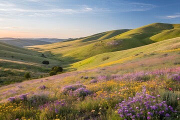 Fototapeta premium Rolling hills wildflower meadow at sunset