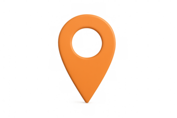 Glossy orange location pin marking precise point on transparent surface, indicating geographical position for digital navigation platforms