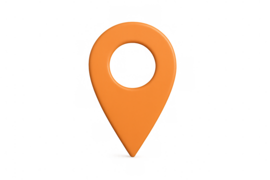 Glossy orange location pin marking precise point on transparent surface, indicating geographical position for digital navigation platforms
