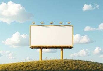 Blank Billboard on Grassy Hill Under Cloudy Sky