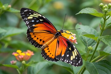 Fototapeta premium Striking orange and black butterfly on lantana