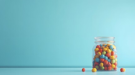 Colorful candies in jar on table on blue background
