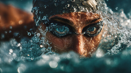 Focused Female Swimmer in Action: Professional Athlete in Intense Aquatic Competition