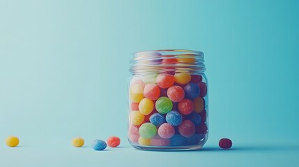 Colorful candies in jar on table on blue background