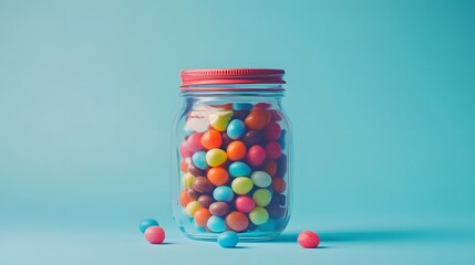 Colorful candies in jar on table on blue background