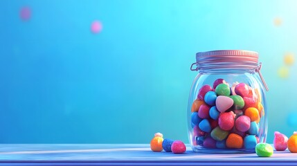 Colorful candies in jar on table on blue background