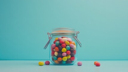 Colorful candies in jar on table on blue background