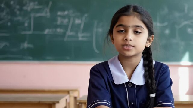 Portrait of a confident student girl speaking in a classroom setting. With her arms crossed and a blackboard filled with equations in the background. Showcasing the concept of education and learning - Powered by Adobe