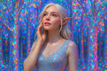 Fototapeta premium A beautiful elf woman with long platinum hair and pointed ears, wearing a sparkling dress, in a shimmering, iridescent blue and purple forest