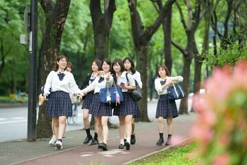 In early June in Pudong, Shanghai, seven Japanese high school girls wearing summer uniforms are walking to school along a lush green street, surrounded by vibrant foliage and early summer sunlight.