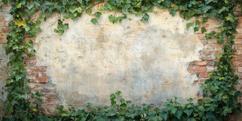 Aged brick wall with ivy border.