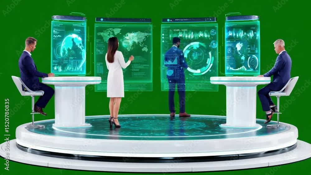 Poster innovation at the core: a dynamic group of individuals collaborates around transparent displays, sho