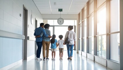 Fototapeta premium A family waits with nervous expressions in a bright hospital hallway. A clock on the wall marks the tense passage of time. A concept of waiting, anxiety, and hope in a medical setting.