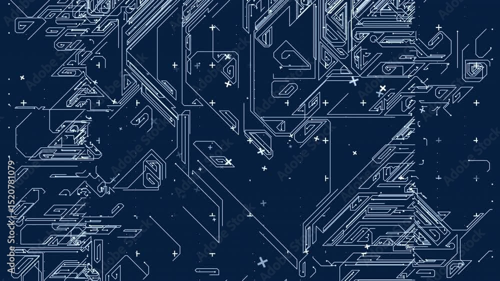 Poster abstract circuit board animation on dark blue background with geometric shapes