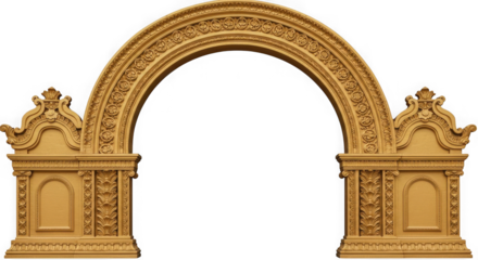 Ornate golden archway with floral details against a transparent background view