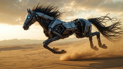 A horse running in the desert, mechanical horse images, AI horse