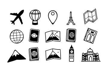 Travel icons set hand drawn doodle style