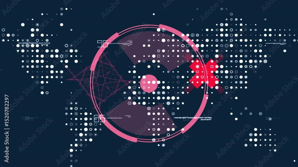 Poster abstract data visualization with world map, circles, and geometric shapes in motion