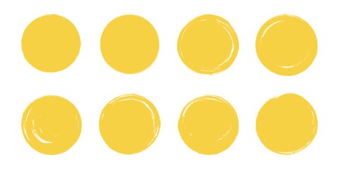 Japan yellow circles. Japanese crayon brush sun. Hand drawn Asian round set. Rough grunge frames, watercolor borders, scribbles. Ink brush Chinese paint. Calligraphy sunset icons. Isolated vector illu