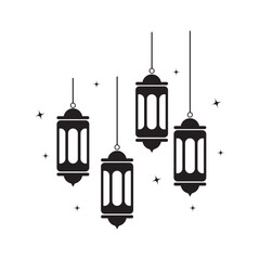 Minimalist black silhouette illustration of four hanging Islamic lanterns with subtle star details. Elegant design for Ramadan Kareem, Eid, or festive decorations. Perfect for cards, web, and print.