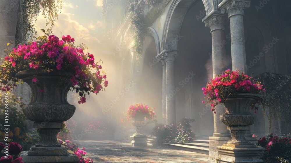 Poster flowers in stone vases adorn a sunlit architectural structure with columns.