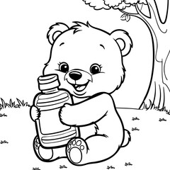Cute Baby Bear Hugging a Bottle Under a Tree for Coloring
