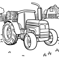 Big Farm Tractor with Hay Bales and Barn in Background