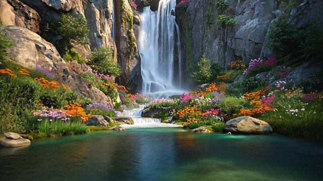 Animation Beautiful waterfall view with colorful flowers and butterflies.