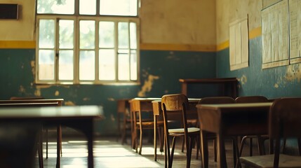 Empty classroom with vintage tone wooden chairs. Back to school concept
