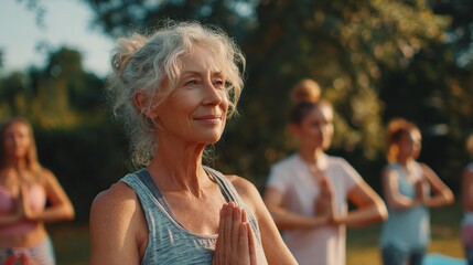 Serene Senior Woman Outdoor Yoga Practice Peaceful Nature zen calm grey hair park pose group class