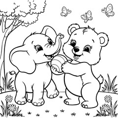 Elephant and Bear Playing with Ball in Nature Coloring Page