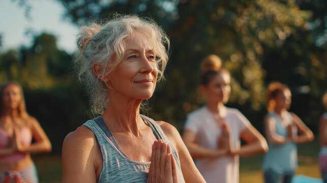 Serene Senior Woman Outdoor Yoga Practice Peaceful Nature zen calm grey hair park pose group class  