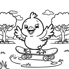 Cute Happy Chick Riding a Skateboard in the Park
