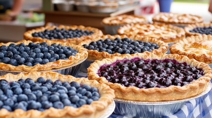 Freshly Baked Blueberry Pies at Outdoor Market Display
