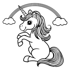 Cute Smiling Unicorn with Rainbow and Clouds for Kids to Color